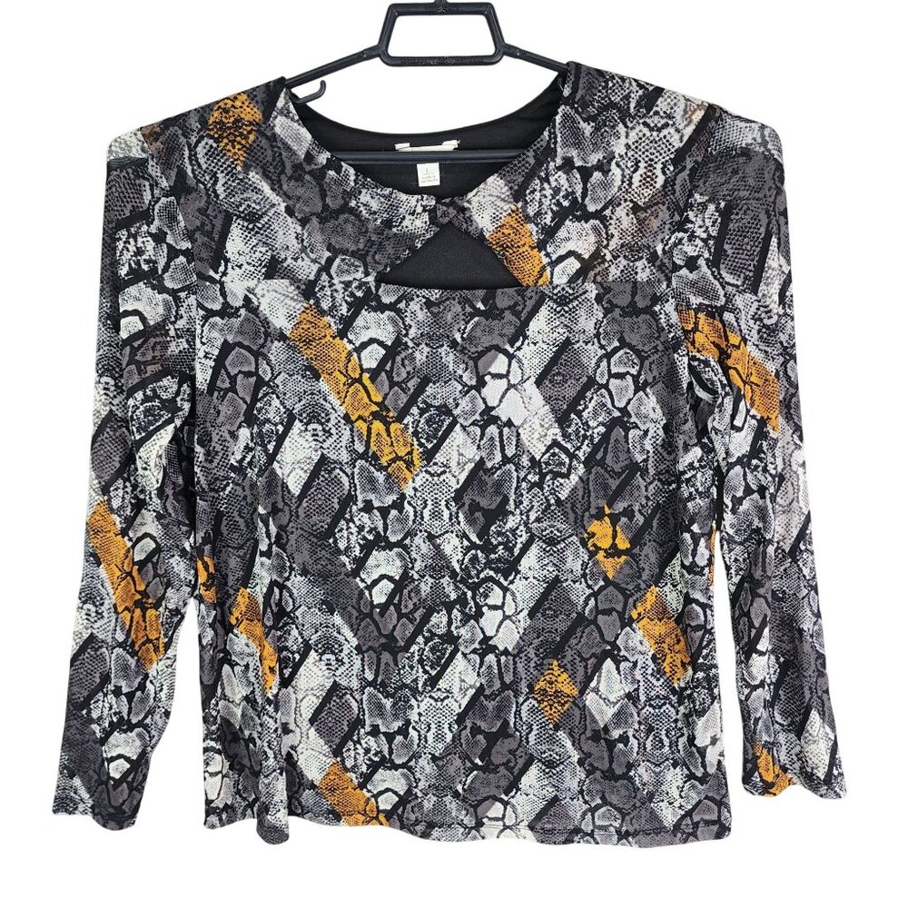Womens Est. 1946 Gray Orange Snake Print Top Blouse Long Sleeve Keyhole Neck L